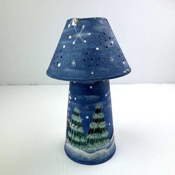 Vintage Christmas Lighthouse Candle Tea Light Snowman Winter Luminary Blue Metal - Picture 3 of 9